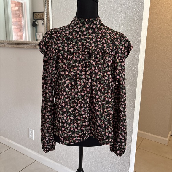 Wayf Tops - Wayf Black Floral Blouse Ruffles High Neck Romantic XSMALL